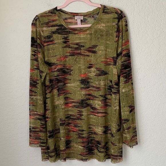 Logo Loyers Lori Goldshtein Olive Green Abstract Print Mesh Blouse Size 2X - Picture 1 of 8